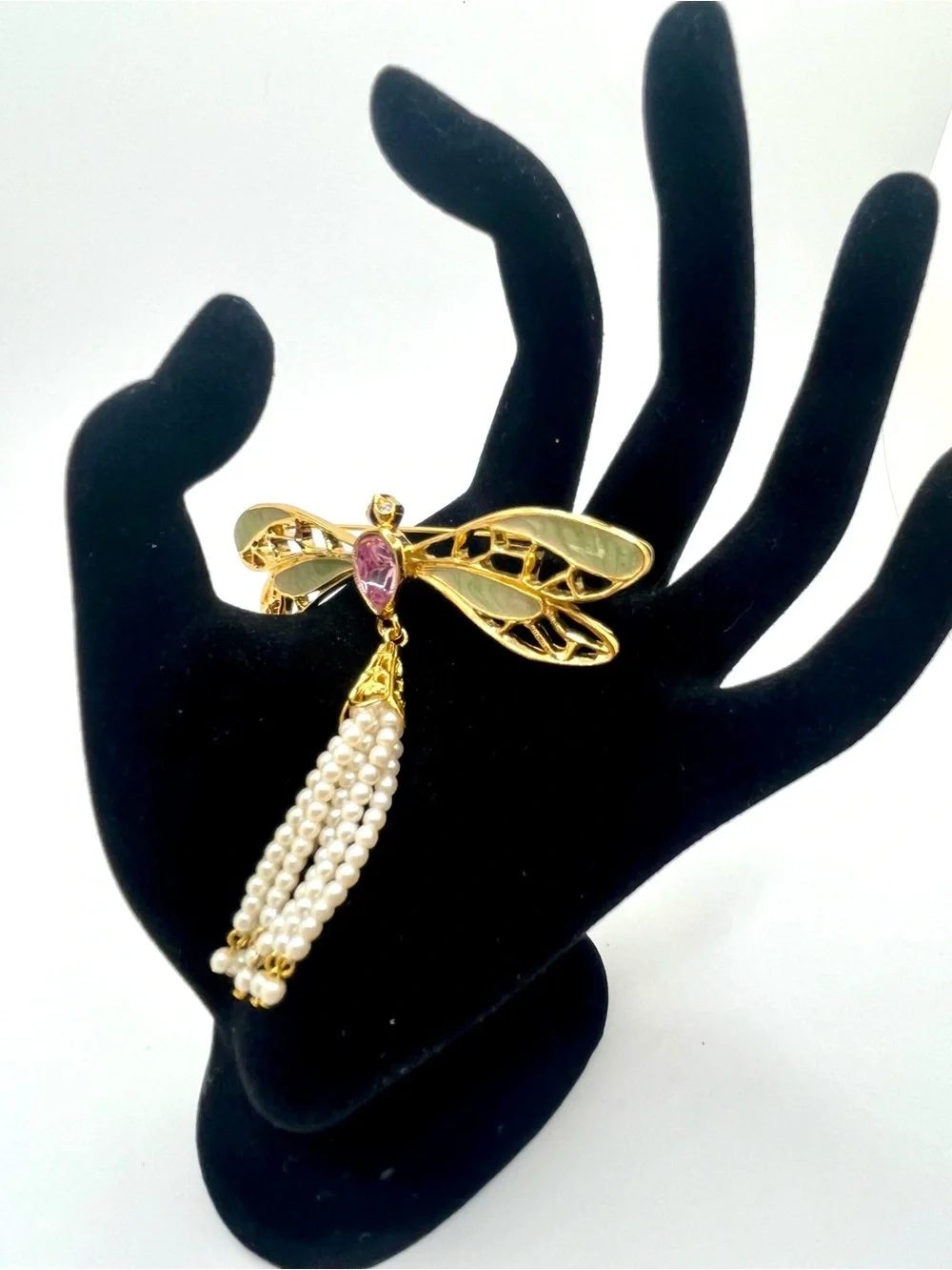Vintage Avon dragonfly brooch faux pearl tassel pink rhinestone gold tone pin